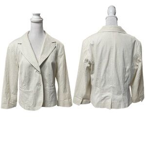 Sigrid Olsen Tan & White Seersucker Stripe 3/4 Sleeve 2 Button Blazer Size 12